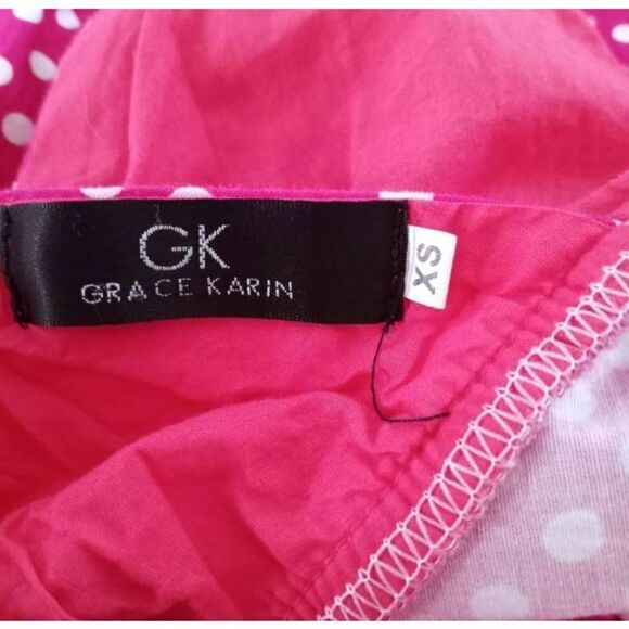GRACE KARIN PINK & WHITE POLKA-DOT V-NECK SKATER DRESS SZ.XS EUC. - Picture 6 of 7